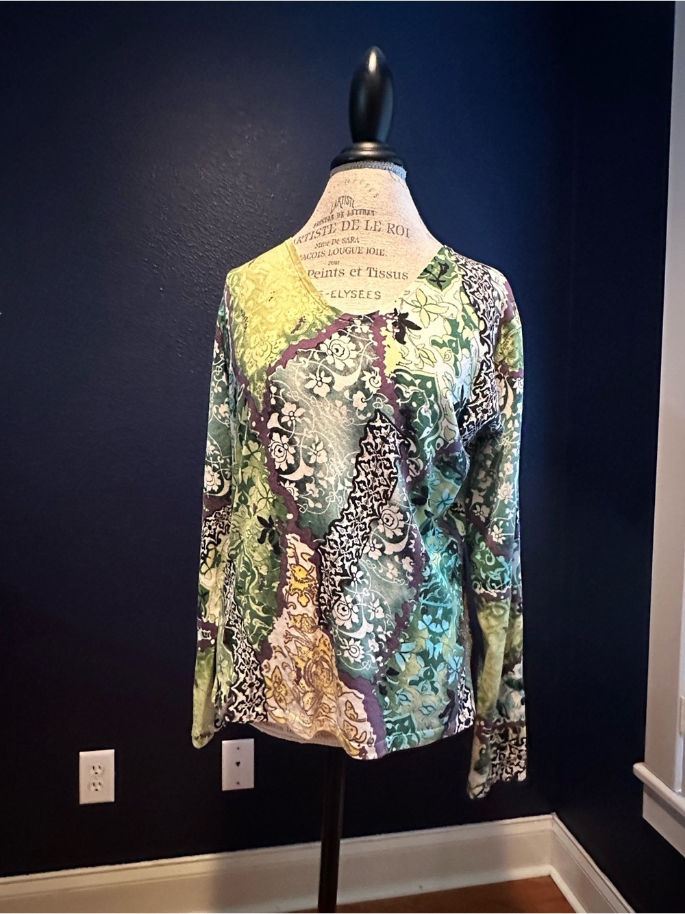 UbU Silk Blend Printed Scoop Neck Sweater in Green Mix